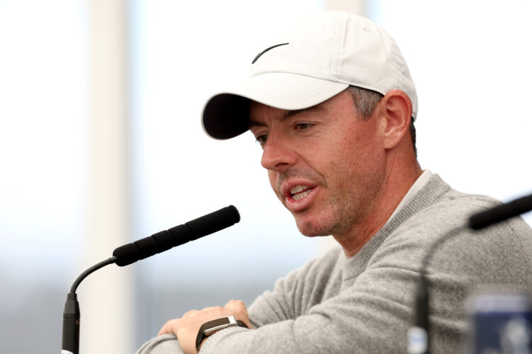 Rory McIlroy of Northern Ireland talks to the media prior to the Genesis Scottish Open 2025