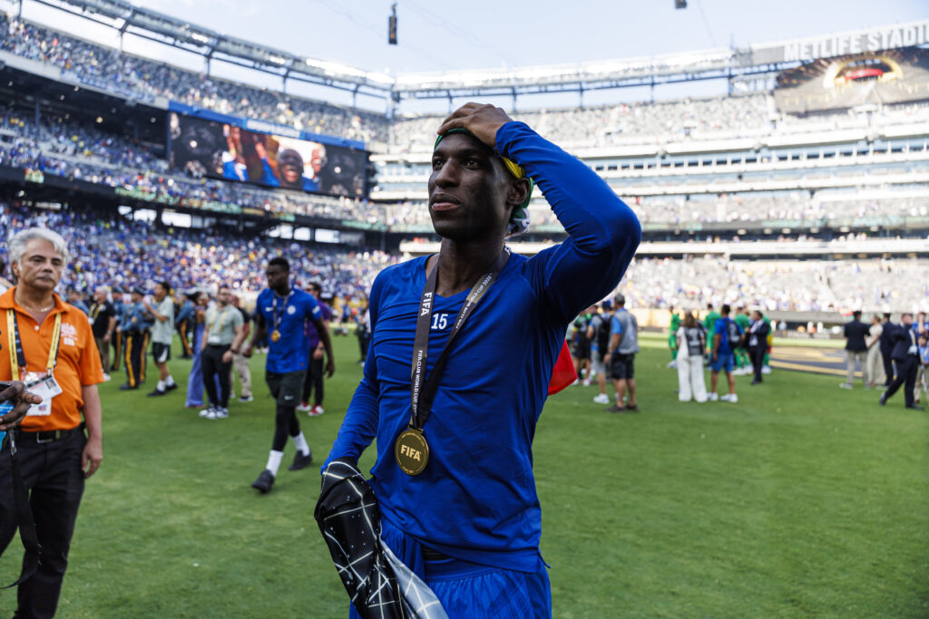 Nicolas Jackson reacts after Chelsea beat PSG in the FIFA Club World Cup Final