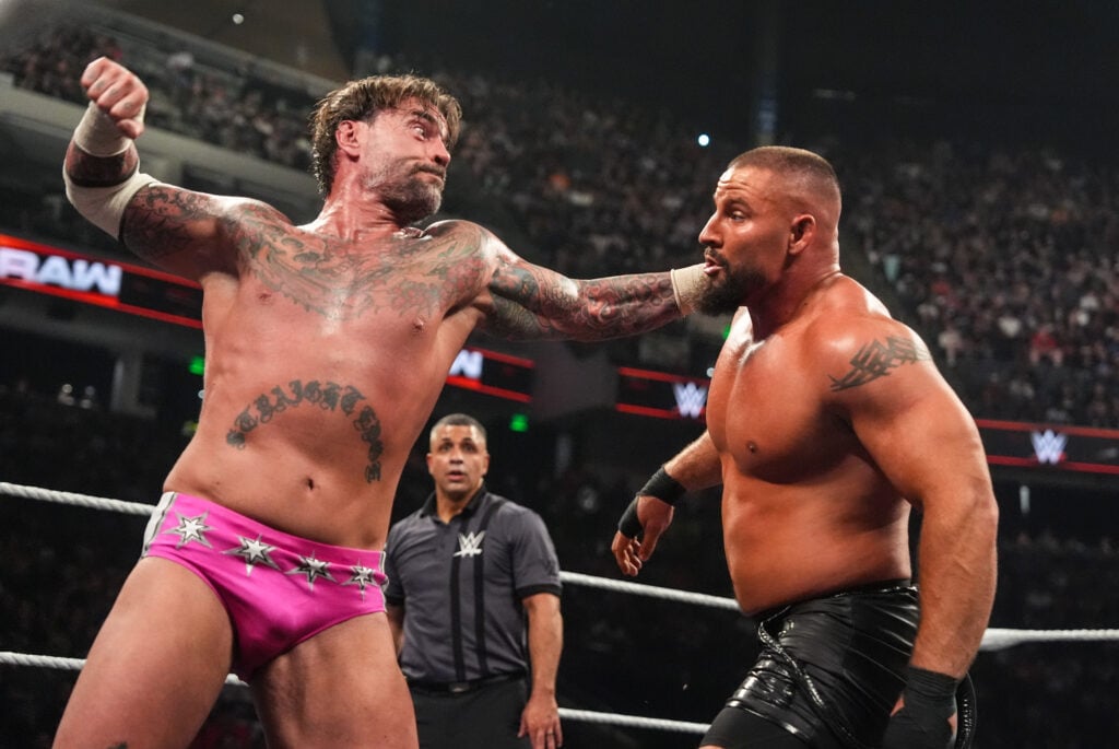 CM Punk striking Bron Breakker during their Gauntlet match on WWE Raw