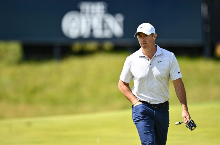 Rory McIlroy looks on in an Open Championship practice round