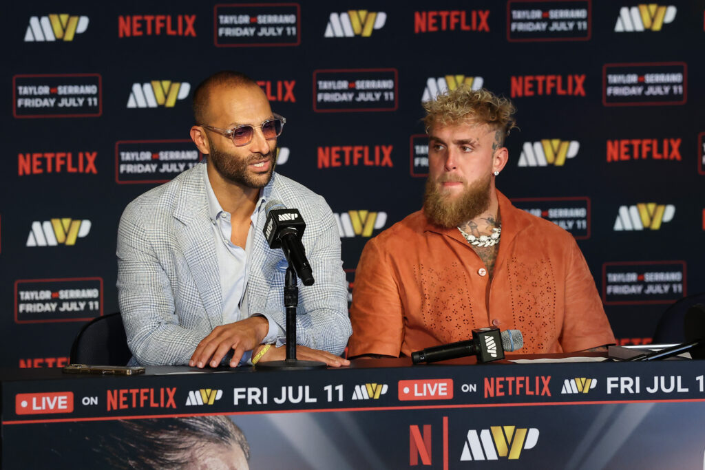 Nakisa Bidarian and Jake Paul speak at a press conference