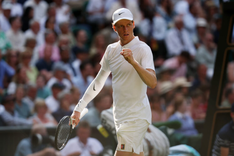 Jannik Sinner celebrates his win over Carlos Alcaraz at Wimbledon 2025