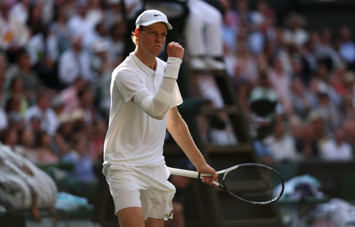 Jannik Sinner celebrating a point against Carlos Alcaraz in the Wimbledon final