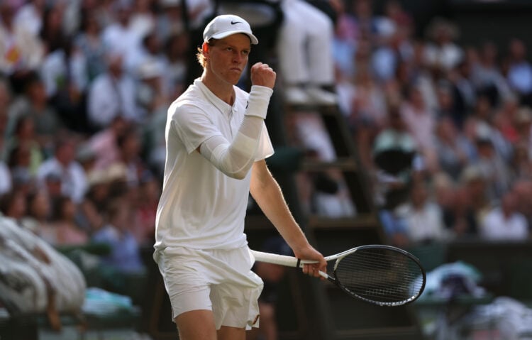 Jannik Sinner celebrating a point against Carlos Alcaraz in the Wimbledon final