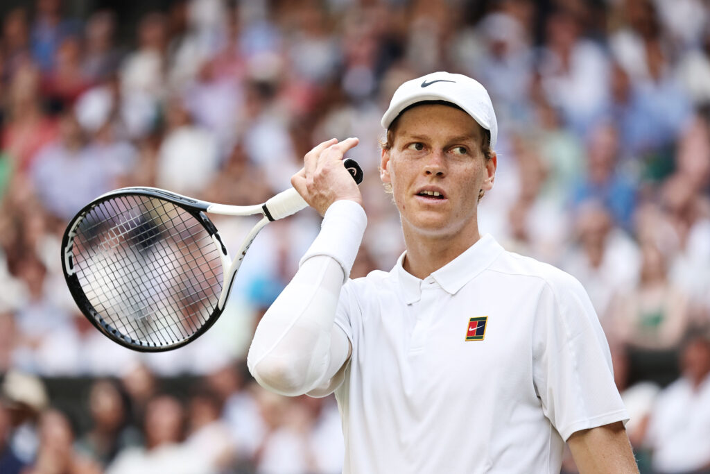 Jannik Sinner playing Carlos Alcaraz in the 2025 Wimbledon final