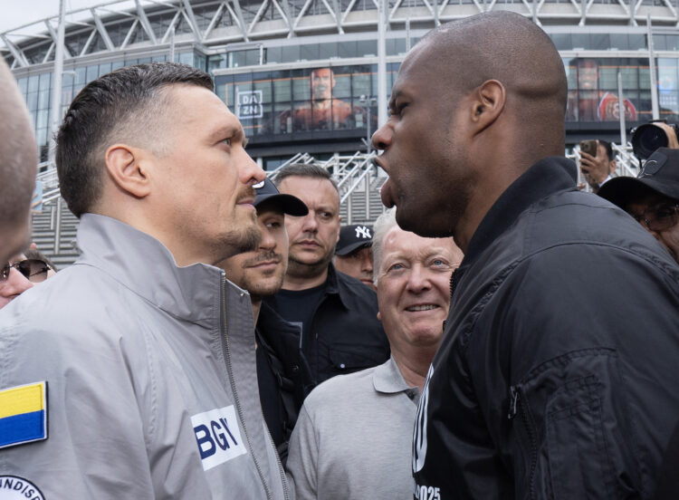 Daniel Dubois shouts at Oleksandr Usyk as the two face off outside of Wembley Stadium
