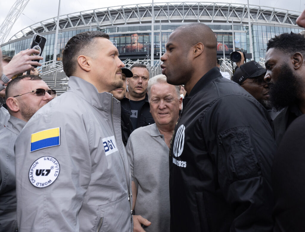 Oleksandr Usyk v Daniel Dubois face off outside Wembley Stadium