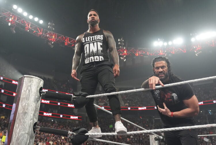 Jey Uso and Roman Reigns staring down Bronson Reed and Bron Breakker on WWE's Monday Night RAW