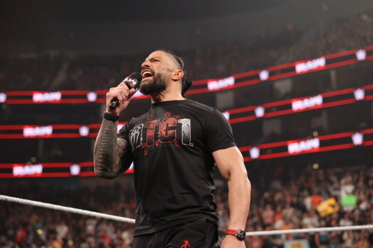 Roman Reigns cutting a promo on WWE Monday Night RAW