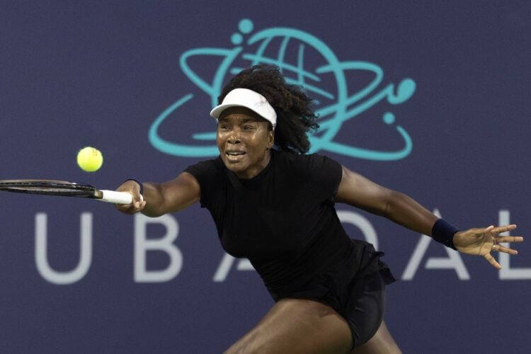 Venus Williams returning a ball during her comeback match at the Citi DC Open
