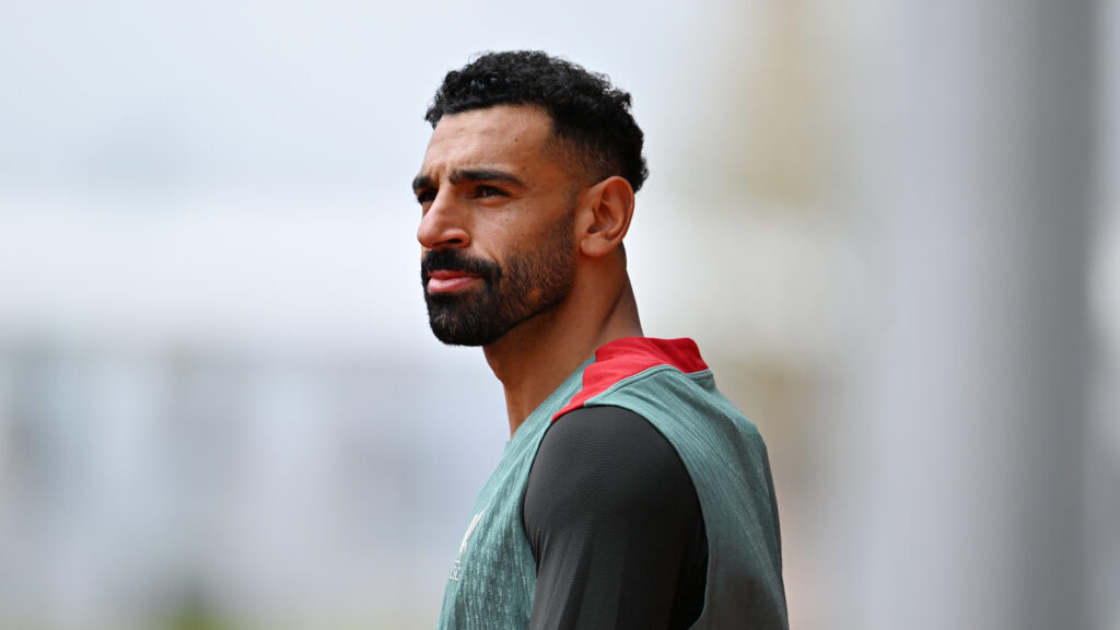 Mohamed Salah looks on during a Liverpool training session
