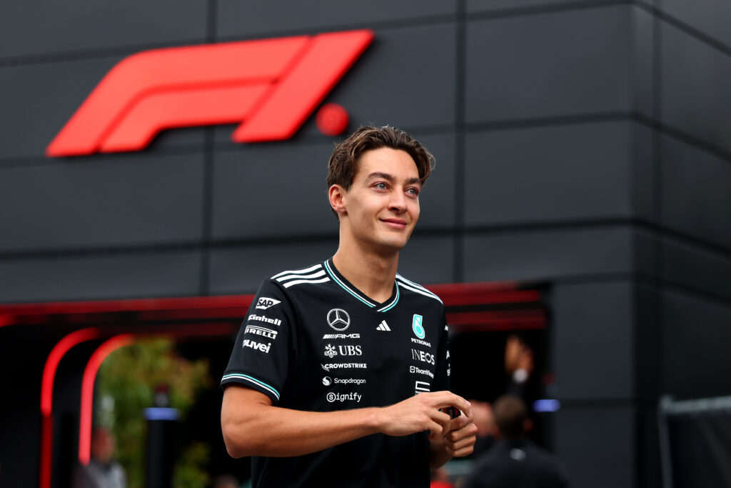 George Russell looks on before the Belgian Grand Prix