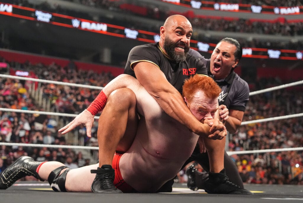 Rusev locking in The Accolade on Sheamus on WWE Raw