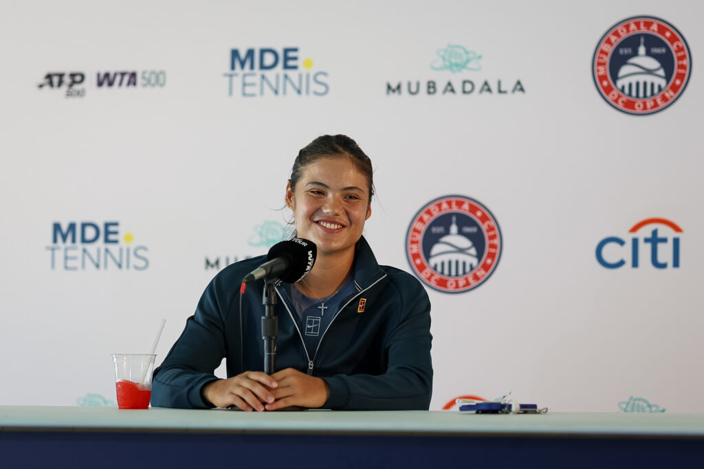 Emma Raducanu speaking to the press at the Washington Open