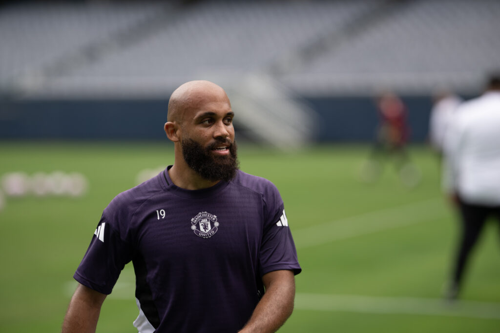 Bryan Mbeumo looks on during a Manchester United training session