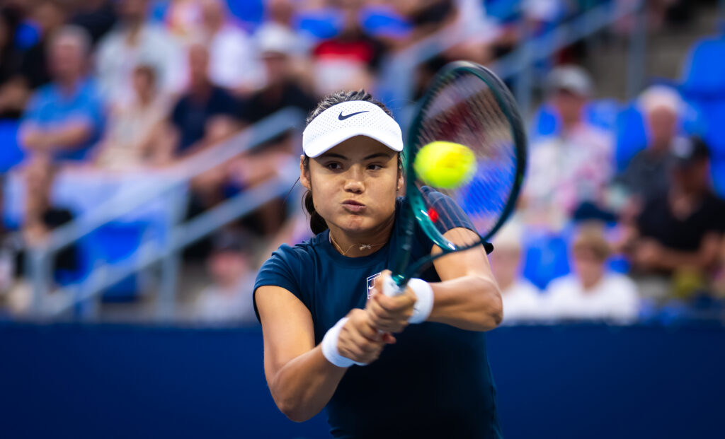 Emma Raducanu in action against Peyton Stearns at the 2025 Canadian Open