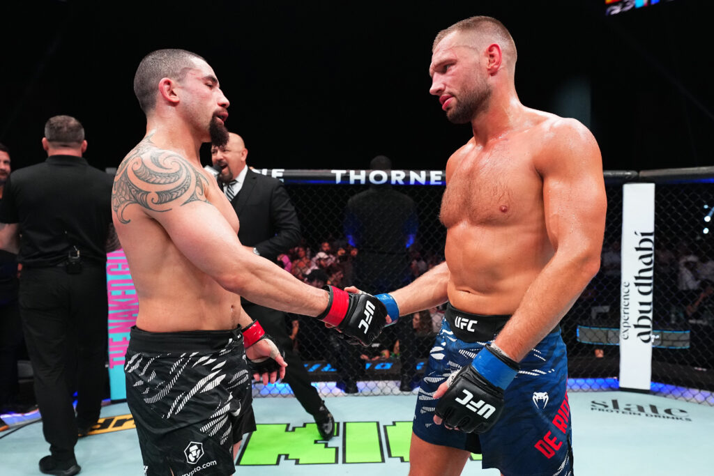 Robert Whittaker and Reinier de Ridder talk after a middleweight fight