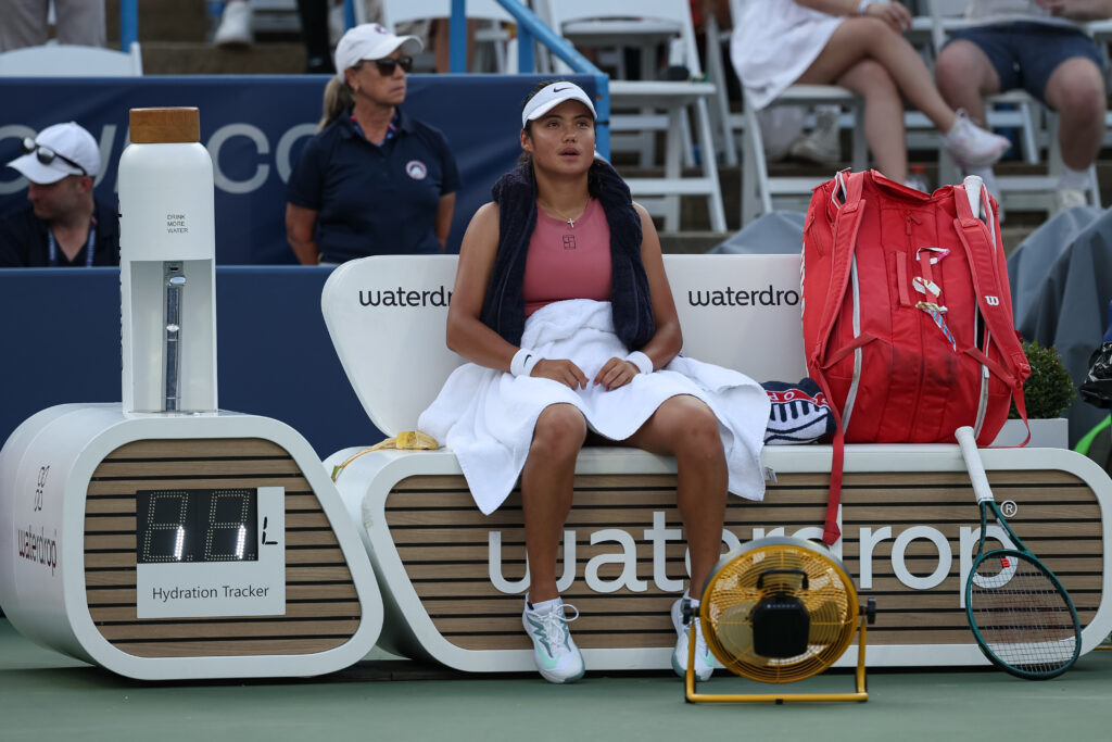 Emma Raducanu in between games against Anna Kalinskaya at the Mubadala Citi DC Open 2025
