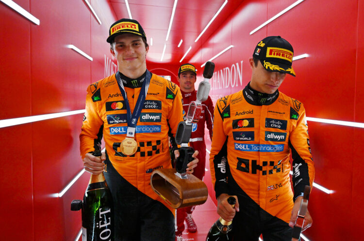 Race winner Oscar Piastri of Australia and McLaren Second placed Lando Norris of Great Britain