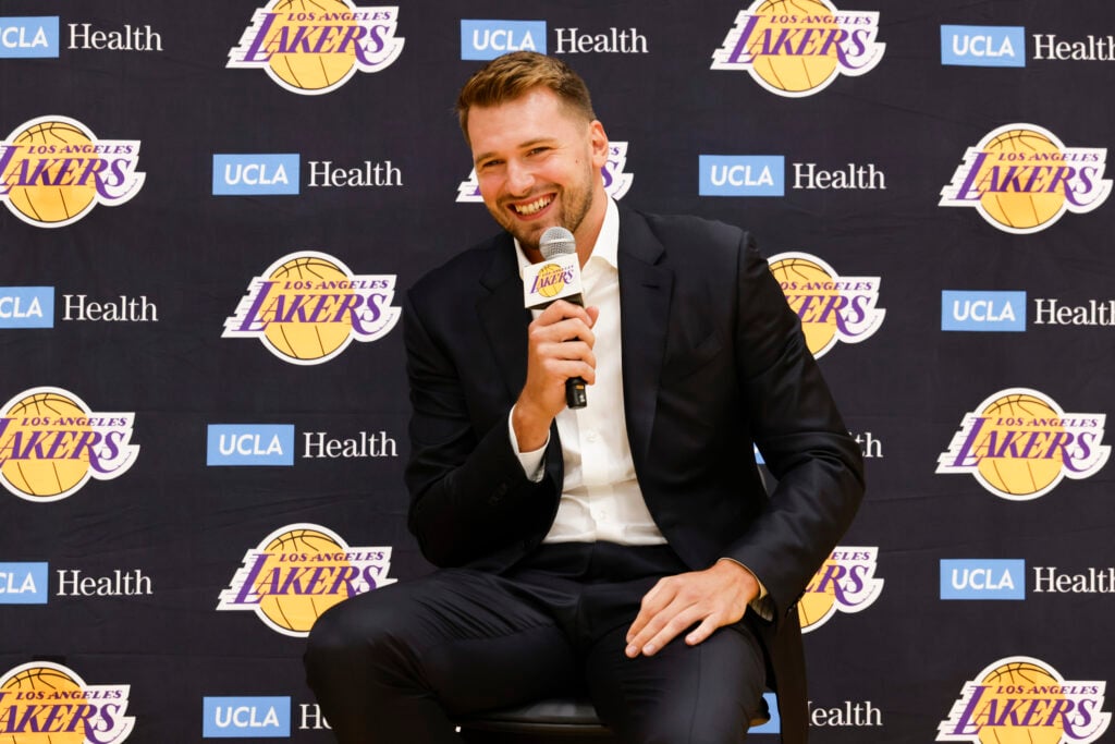 Luka Doncic speaks at a press conference announcing a 3 year extension with the Lakers