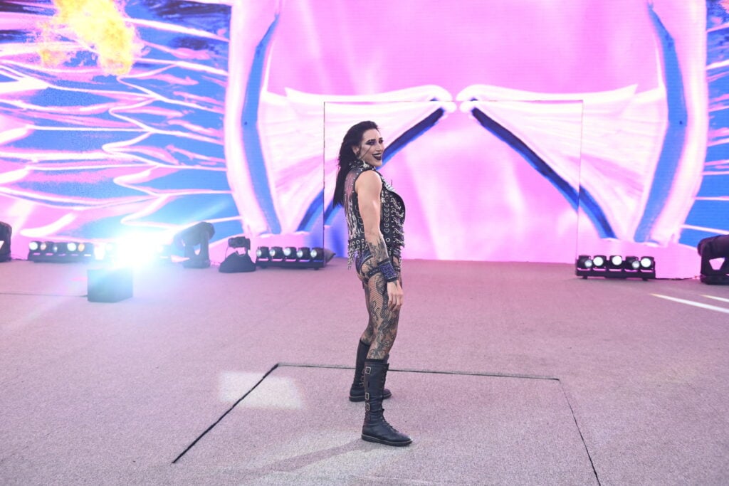 Rhea Ripley making her entrance for her WWE SummerSlam match against Naomi and Iyo Sky
