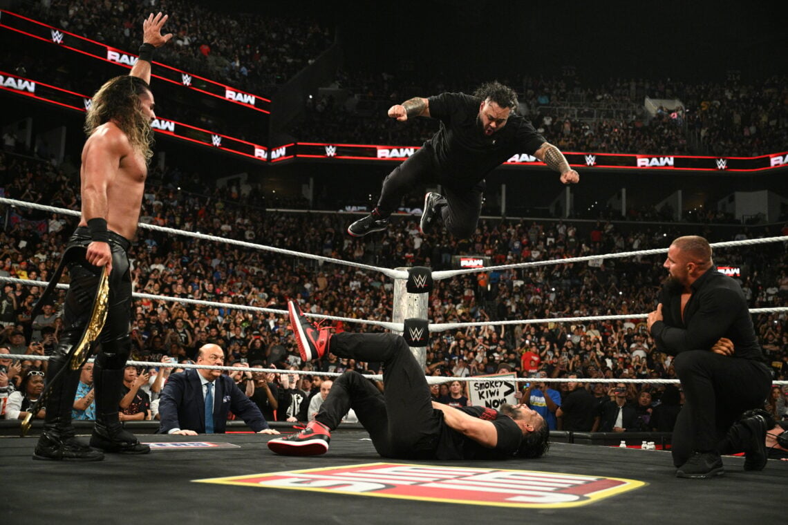 Bronson Reed hitting Roman Reigns with a Tsunami on WWE Raw
