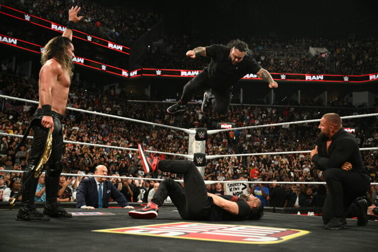 Bronson Reed hitting Roman Reigns with a Tsunami on WWE Raw