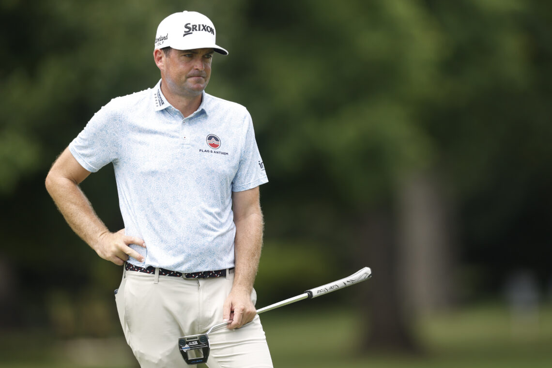Keegan Bradley of the United States looks on during the first round of the Wyndham Championship