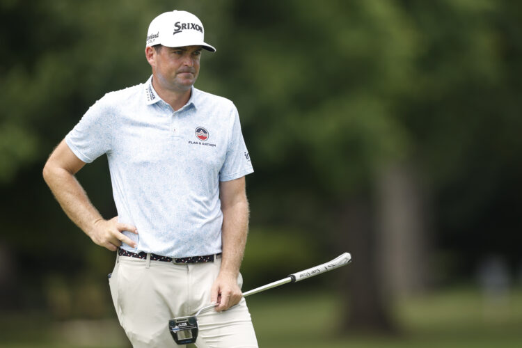 Keegan Bradley of the United States looks on during the first round of the Wyndham Championship
