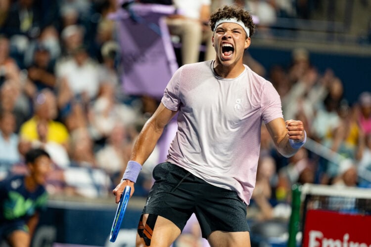 Ben Shelton celebrating his win against Alex de Minaur at the Canadian Open 2025