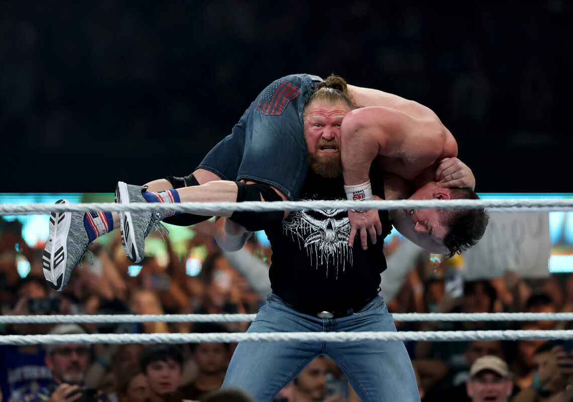 Brock Lesnar hitting John Cena with a F5 on his WWE SummerSlam return