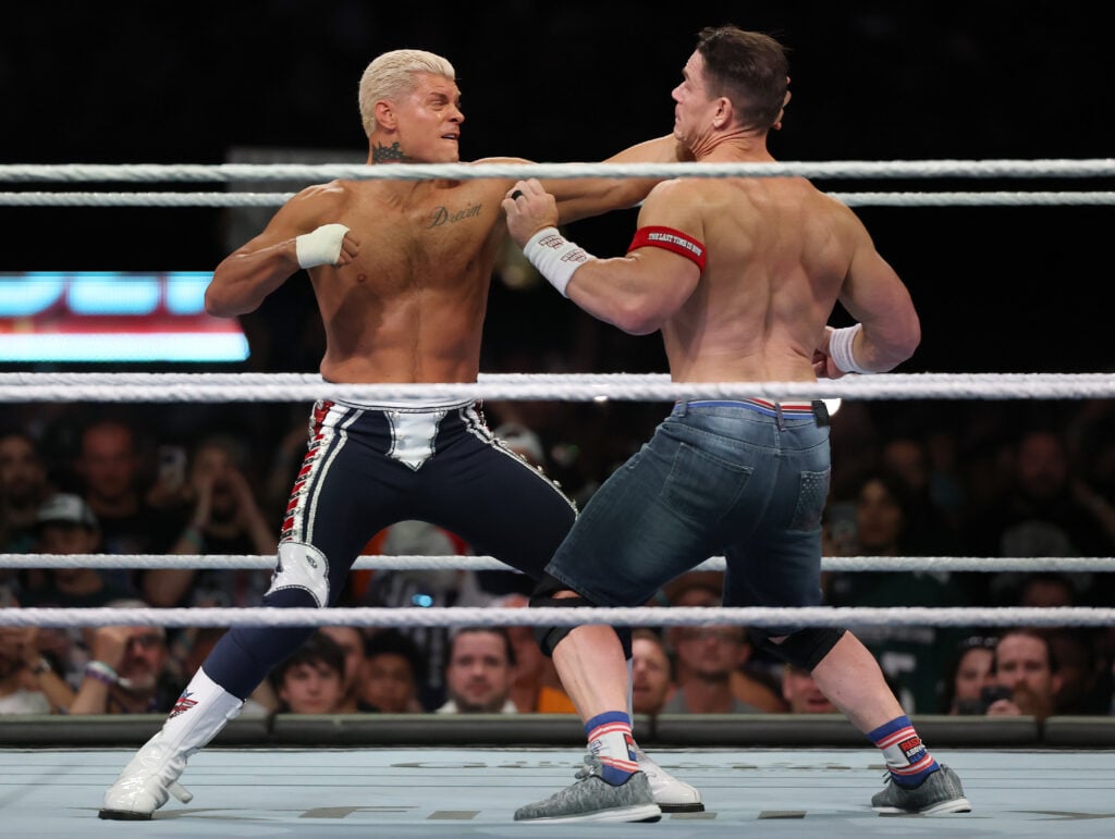 Cody Rhodes and John Cena brawling at WWE SummerSlam 2025