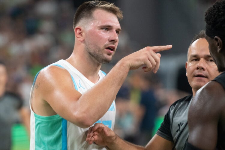 Luka Doncic of Slovenia reacts during a game for Slovenia