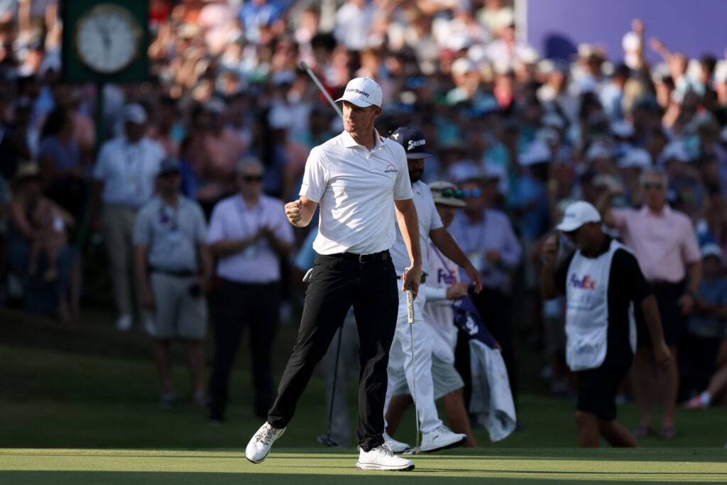 Justin Rose celebrates making a birdie at the St. Jude Championship 2025