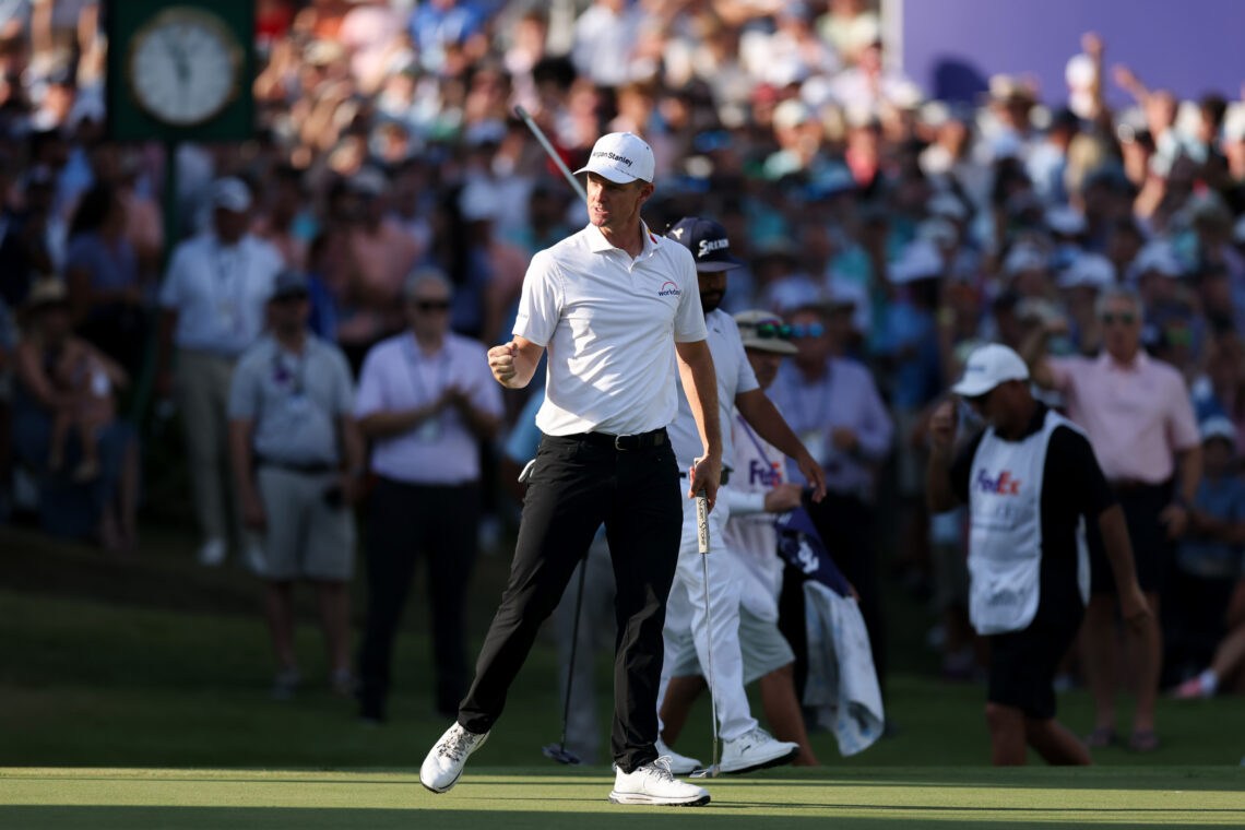 Justin Rose celebrates making a birdie at the St. Jude Championship 2025