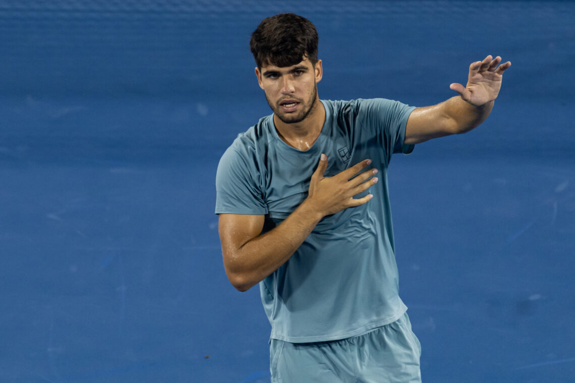 Carlos Alcaraz celebrating his win against Luca Nardi at the Cincinnati Open 2025