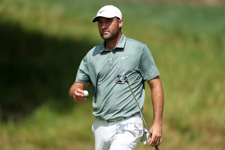 Scottie Scheffler of the United States on the green at the 2025 BMW Championship.