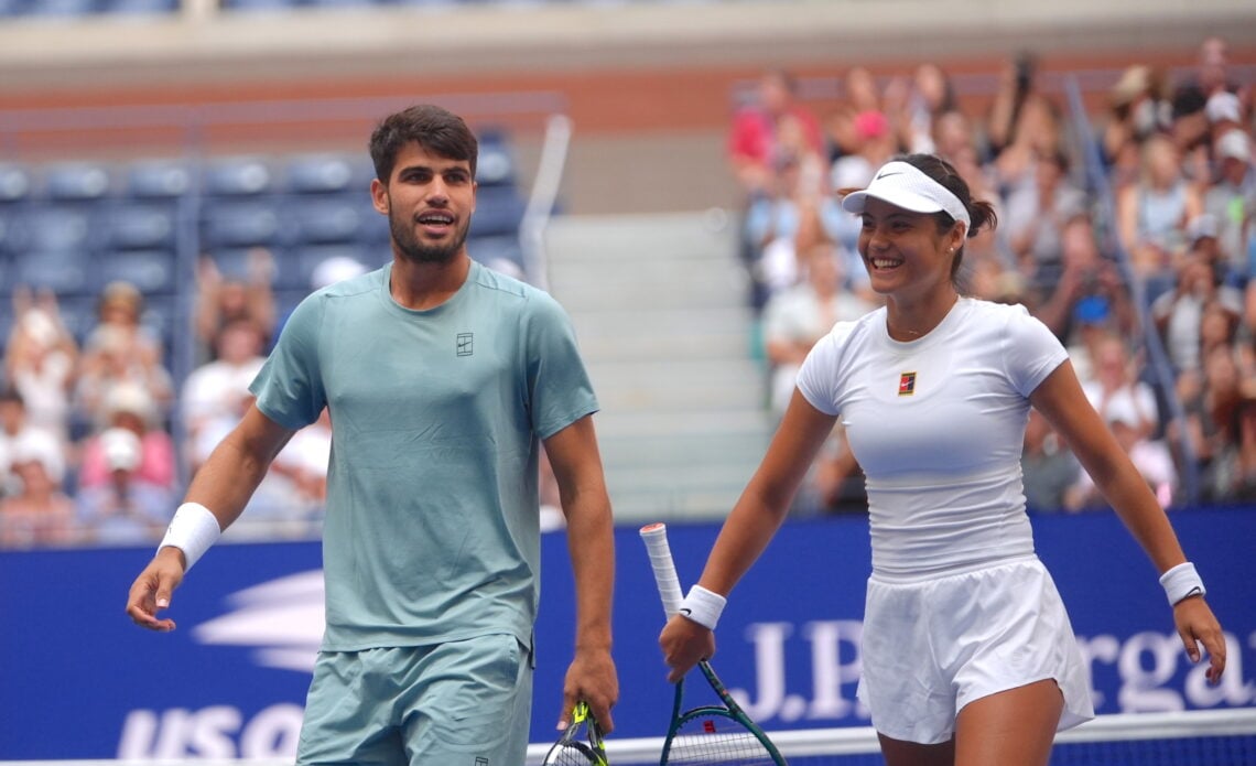 Carlos Alcaraz and Emma Raducanu playing and smiling together at the US Open 2025.