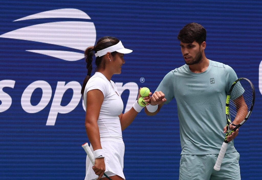 Emma Raducanu and Carlos Alcaraz playing doubles at the US Open