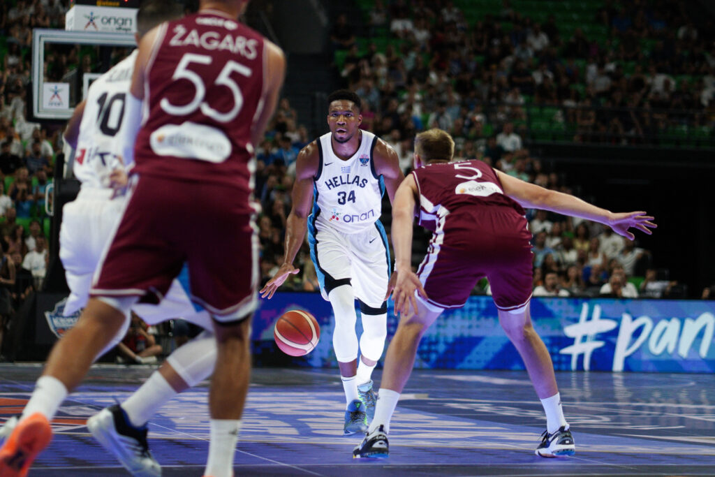 Giannis Antetokounmpo in action during a basketball game for Greece against Latvia