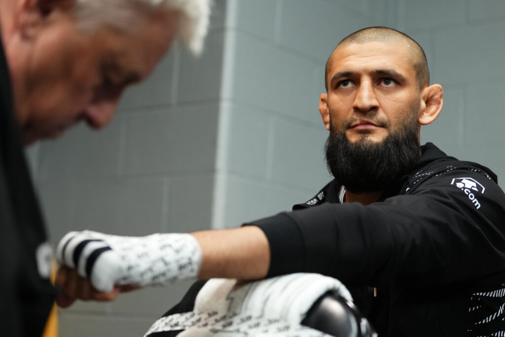 Khamzat Chimaev has his hands wrapped prior to his fight during the UFC 319 event
