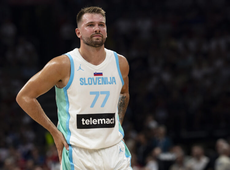 Luka Doncic of Slovenia reacts during the International Basketball Friendly match between Serbia and Slovenia