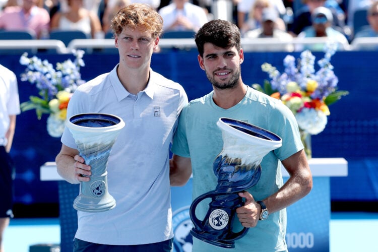 Carlos Alcaraz and Jannik Sinner with their Cincinnati Open 2025 trophies