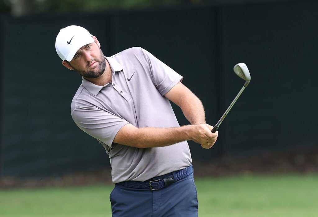 Scottie Scheffler of the United States plays a shot during a practice round prior to the TOUR Championship