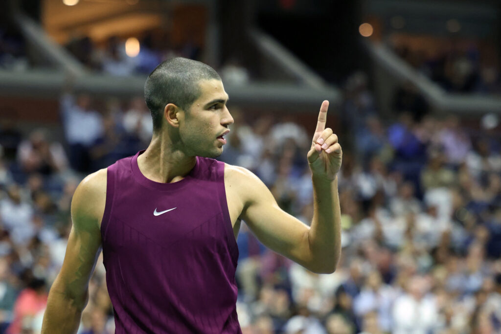 Carlos Alcaraz celebrating a point against Mattia Bellucci at the 2025 US Open