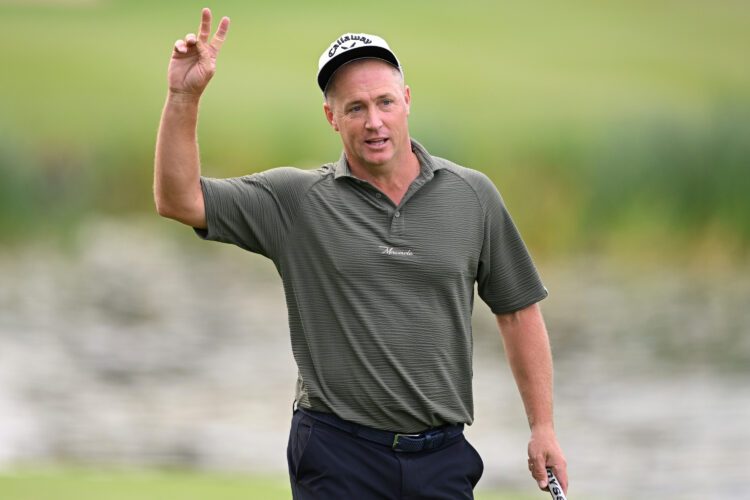 Alex Noren of Sweden celebrates victory at the 2025 British Masters.