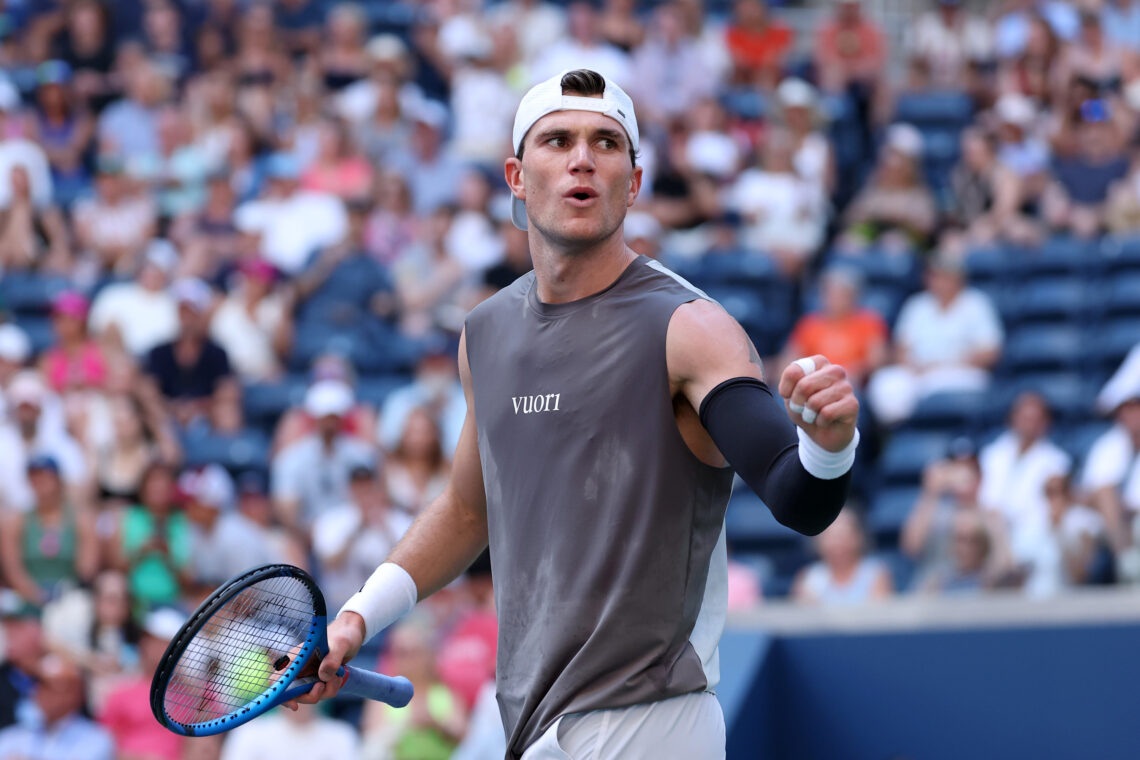 Jack Draper reacts against Federico Agustin Gomez of Argentina during their Men's Singles First Round match at the 2025 US Open.