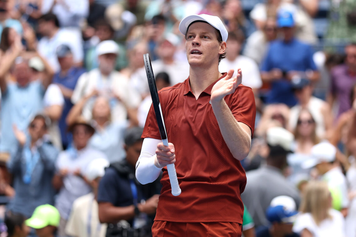 Jannik Sinner celebrating his first-round win at the 2025