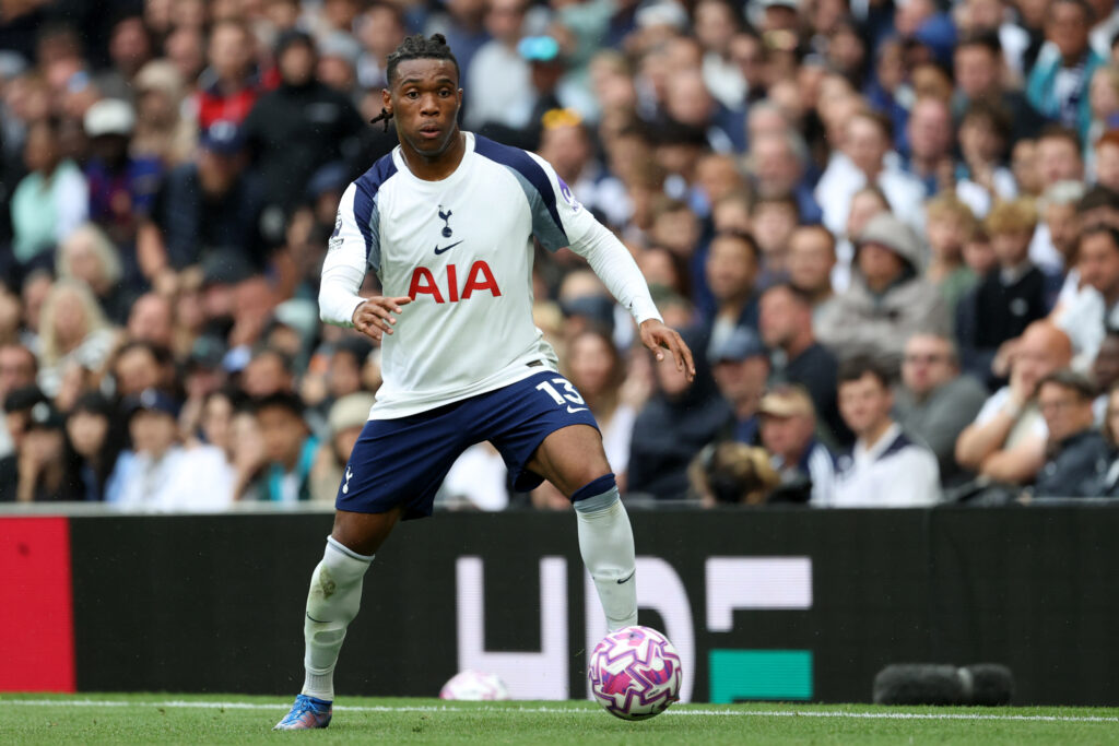 Destiny Udogie of Tottenham Hotspur dribbles the ball during the Premier League match against Bournemouth.