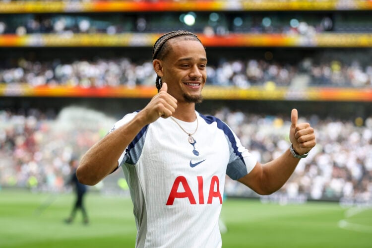 Xavi Simons is unveiled as a Tottenham Hotspur player before the Premier League match against Bournemouth.